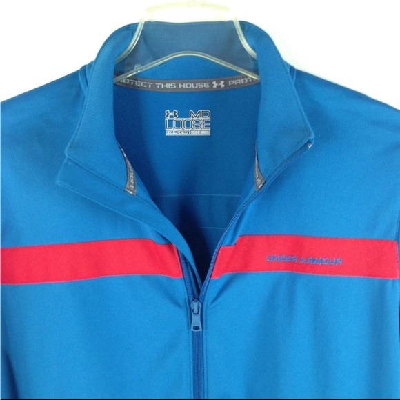 Under Armour Loose Coldgear Jacket Mens Blue Red Trim Full Zip Logo Patch Size L - Picture 4 of 5